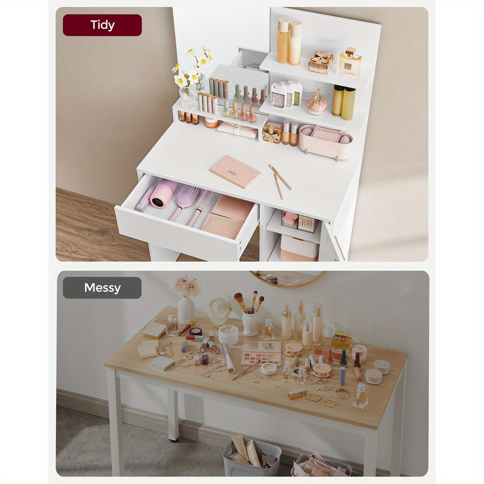 Makeup Vanity Desk with Mirror, 2 Shelves, Vanity Table with 1 Drawer, Storage Cabinet, Dressing Table, Modern
