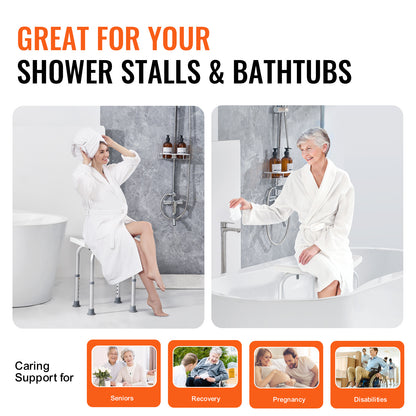Shower Chair for Elderly & Disabled with Adjustable Height – Non-Slip Bathtub Bench Seat, 350/500 LBS Capacity, Aluminum Alloy, Shower Head Holder & Storage Bag Included, Optional Handrails | VEVOR