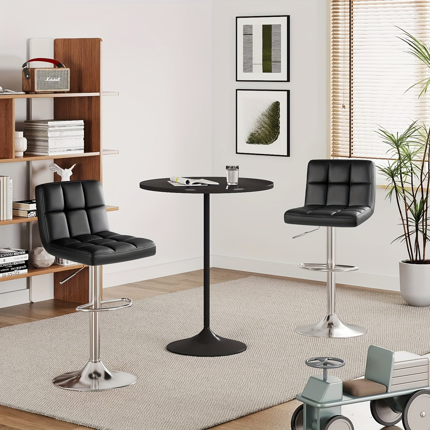 Square Seat PU Leather Bar Stools Set of 2 – Armless Swivel Adjustable Height Counter Chairs, Modern Kitchen Island & Dining Room Stools for Cafe Pub Home – GUNJI, Black White Red