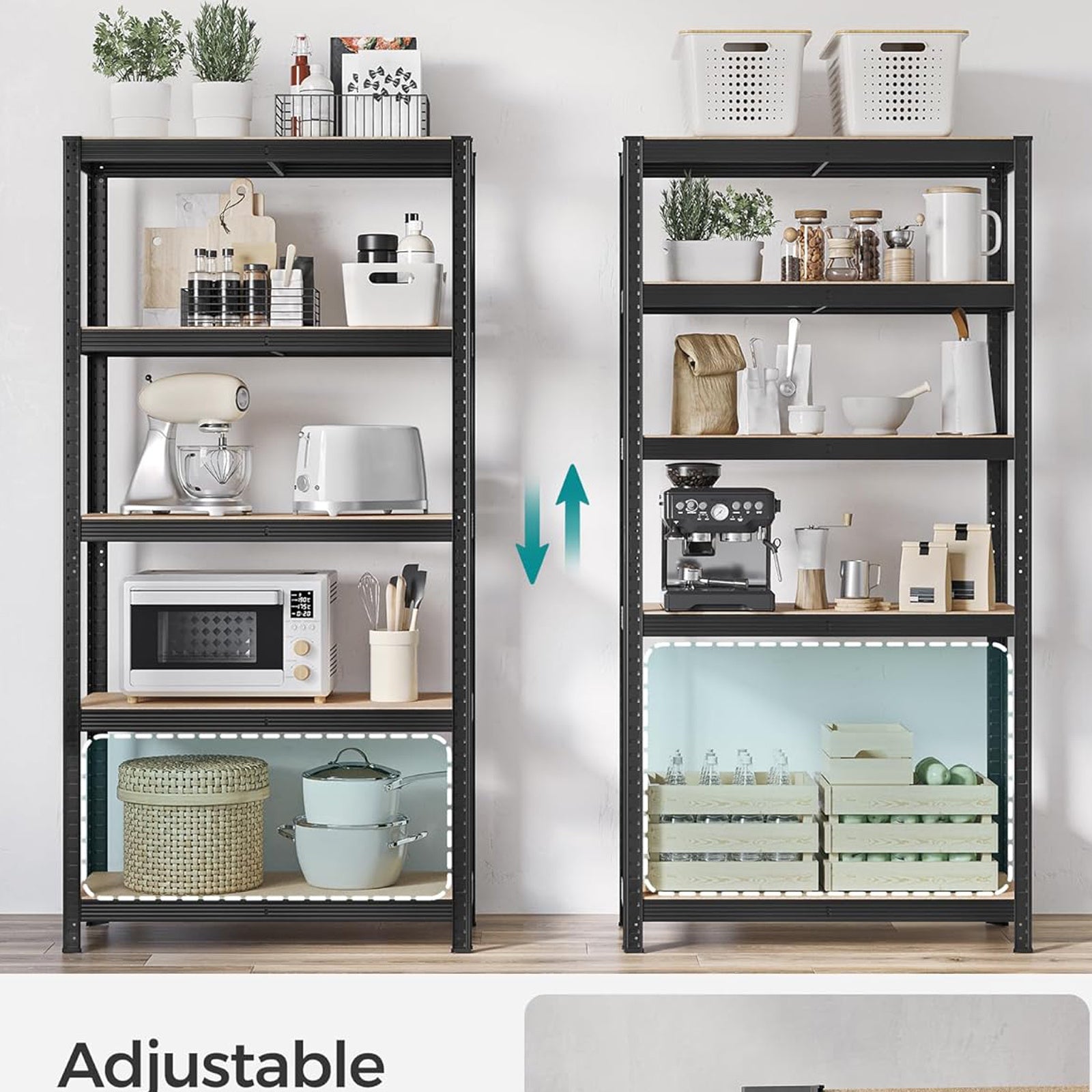 1PC Heavy Duty Storage Shelves, 5-Tier Industrial Shelving Unit with 2200 lbs Capacity, Adjustable Metal Utility Rack, Freestanding Garage Shelving for Organization, Easy Assembly, Wide Use for Warehouse, Kitchen Pantry, Basement, Laundry Room, Closet, Ba