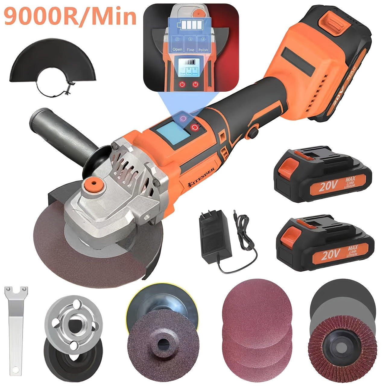 Brushless Cordless Angle Grinder 4-1/2 Inch, 20V Variable Speed 9000-11000 RPM with Digital Display, 2×2.0Ah Batteries Included, Electric Grinder Tool for Grinding, Cutting & Polishing