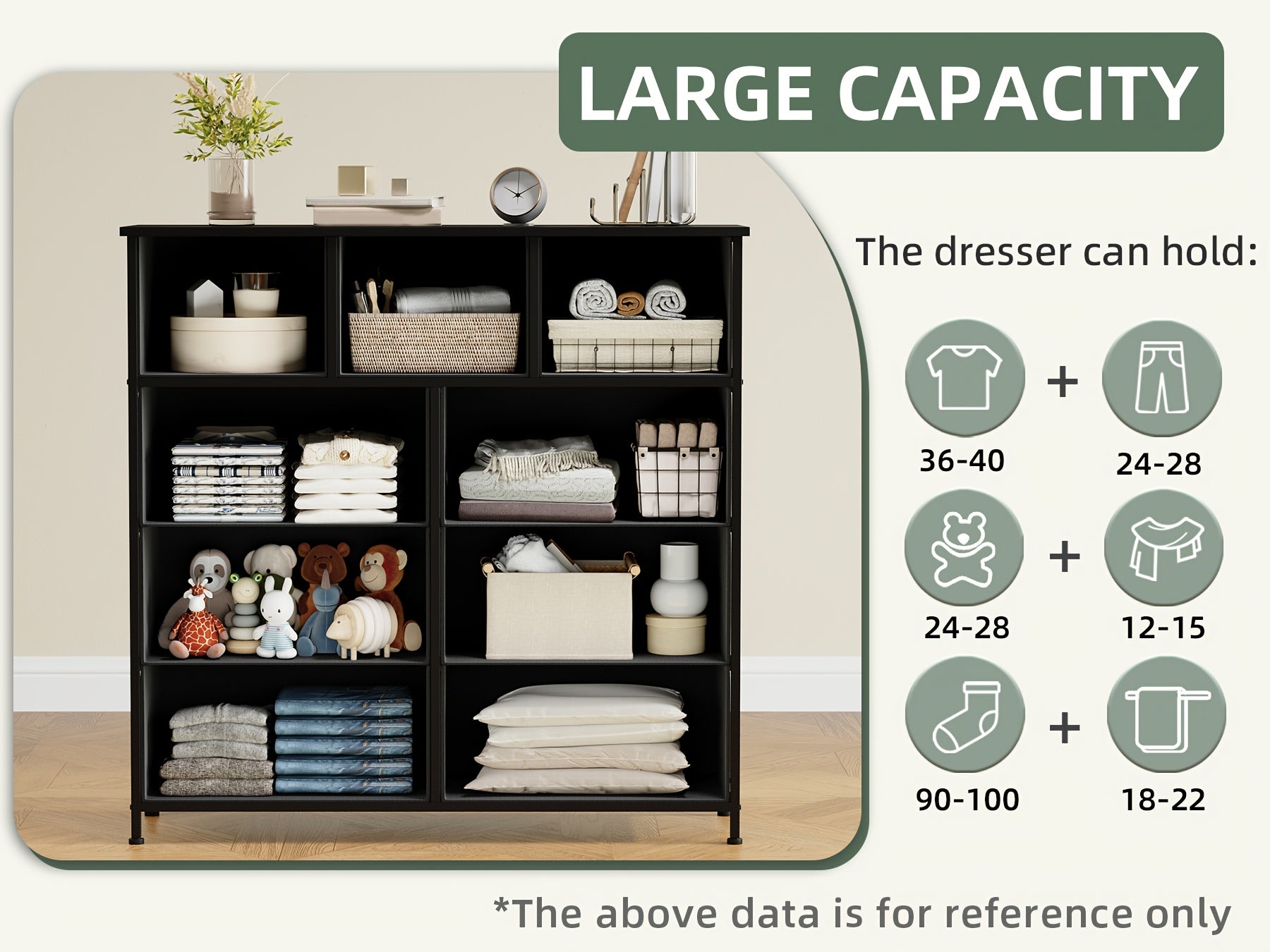 EUNOS Dresser, 9-Drawer Fabric Storage Tower for Bedroom, Entryway, Closets, Tall Chest Organizer Unit with Large Capacity Fabric Bins, Storage Drawer Units