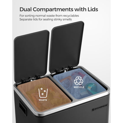 Dual Compartment Stainless Steel Recycling Trash Can – 2 x 4 Gallon (2 x 15L) Kitchen Recycle Bin with Soft-Close Lids, Foot Pedals & Removable Inner Buckets – Fingerprint-Resistant Silver