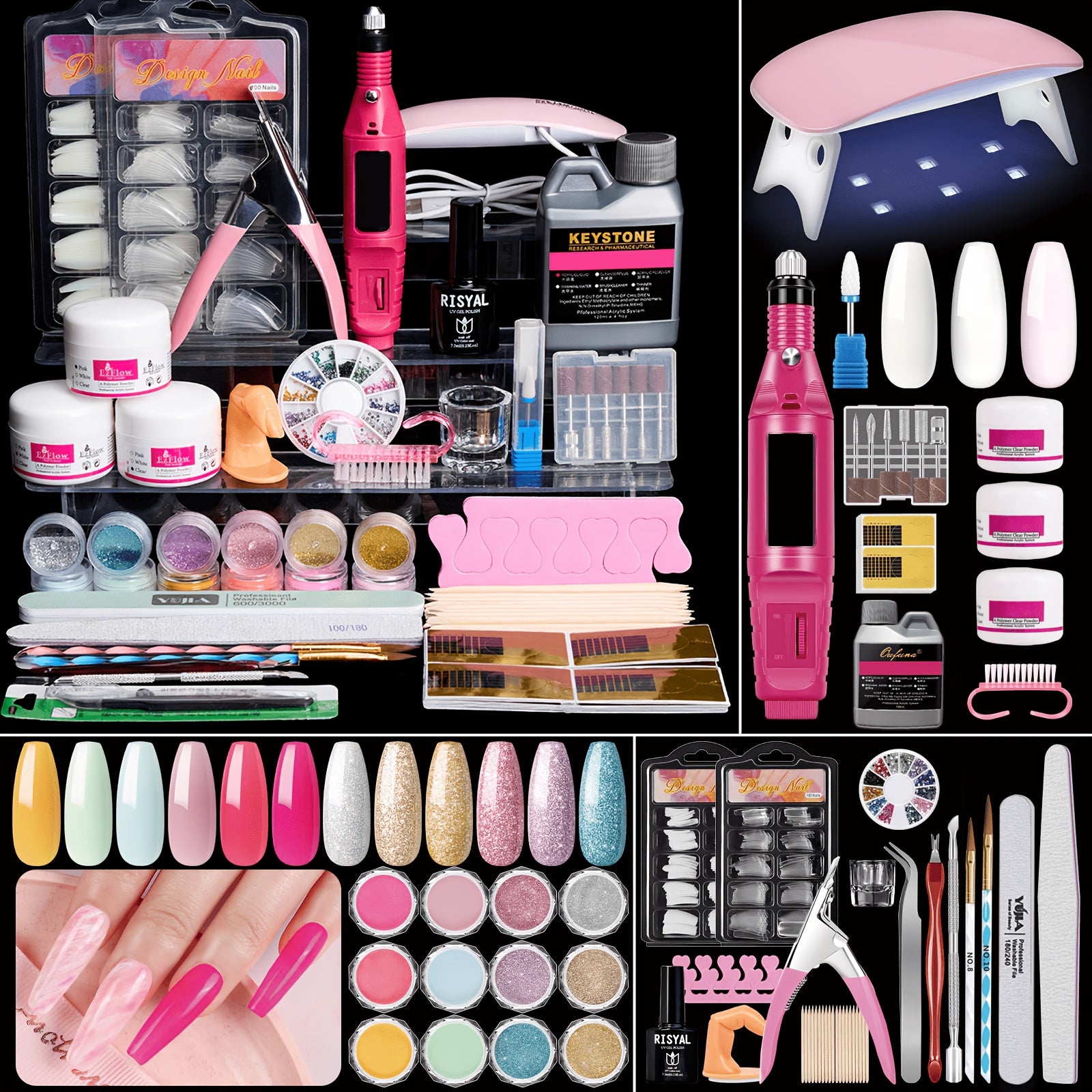Complete Acrylic Nail Kit for Beginners – Nail Drill, UV Lamp, Acrylic Powder & Liquid System, Glitter Rhinestone Decorations, Multi-Color DIY Manicure Set for Salon-Quality Nails at Home