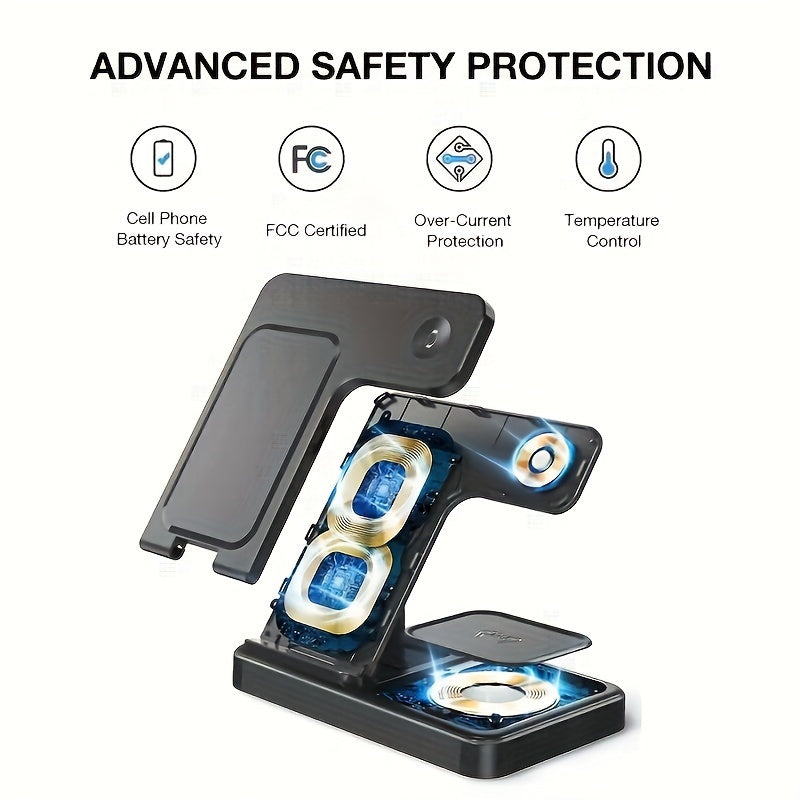 3 in 1 Wireless Charging Station, Fast Charger Stand Compatible For iPhone17/16/15/14/13/12 Series, For iWatch 10/9/8/7/SE & For AirPods 4/3/2/Pro, Anti-Slip Fast Charging Dock, Space-Saving All-in-One Charging Station, Ideal for Bedroom, Office & Travel,