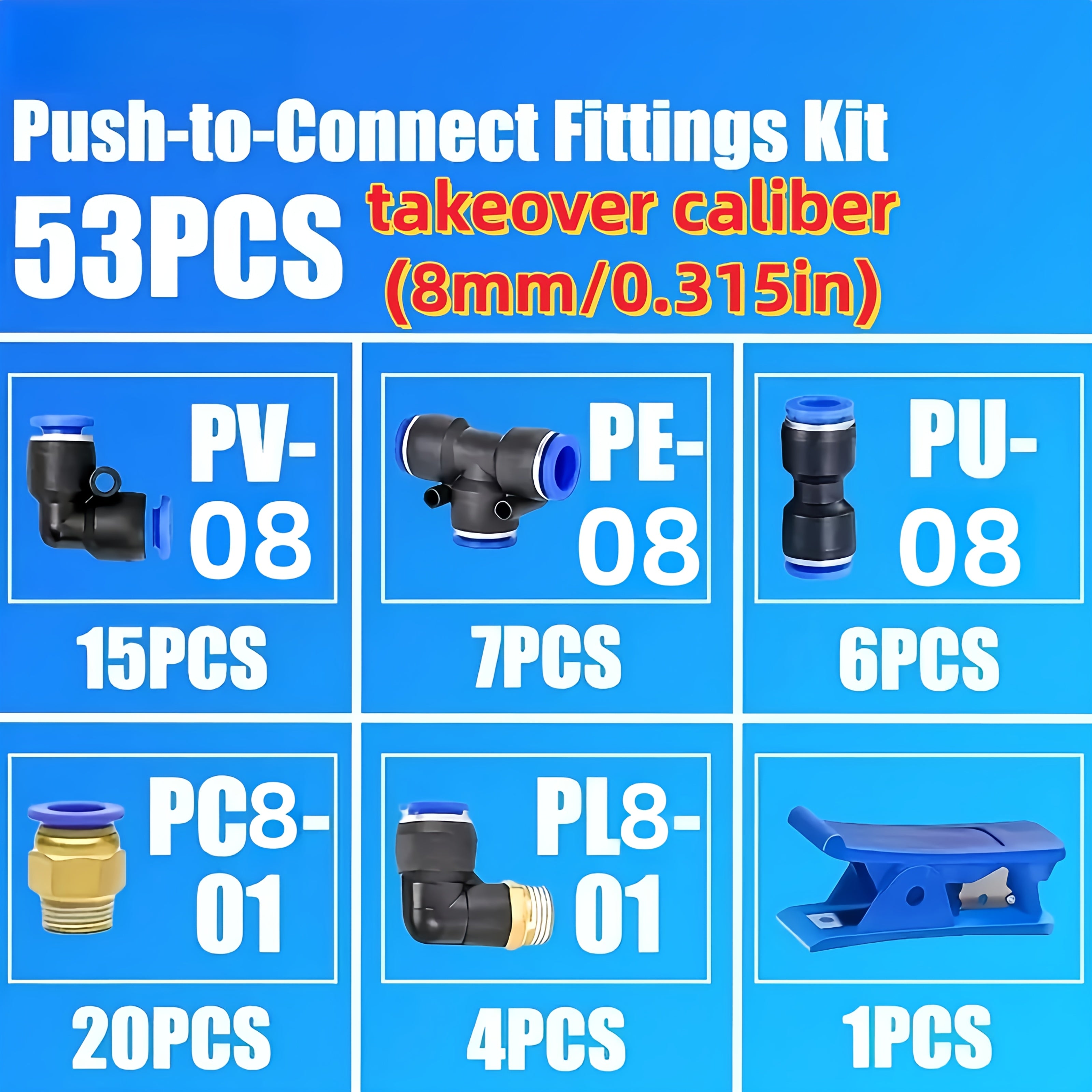 53pcs Pneumatic Quick Connector Set, Barbed Air Hose Fittings & Quick Couplers for 4mm 6mm 8mm Air Hoses, Push-In Pneumatic Fittings Assortment Kit for Air Compressor Tubing – Workshop Garage DIY
