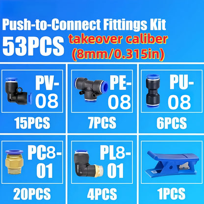 53pcs Pneumatic Quick Connector Set, Barbed Air Hose Fittings & Quick Couplers for 4mm 6mm 8mm Air Hoses, Push-In Pneumatic Fittings Assortment Kit for Air Compressor Tubing – Workshop Garage DIY