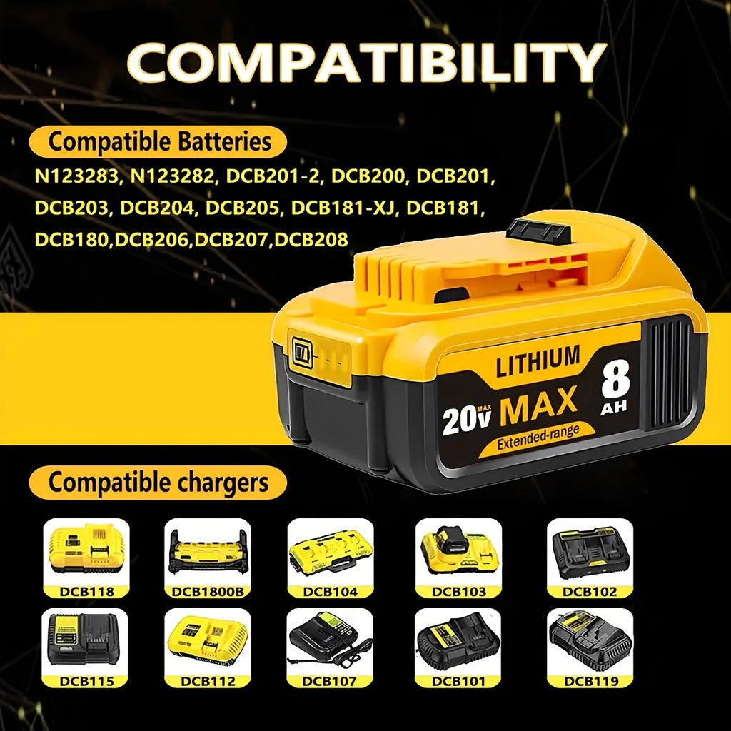 8.0Ah High-Capacity 20V Lithium-Ion Replacement Compatible for Dewalt Cordless Tools - Compatible with DCB200, DCB205, DCB206, DCD/DCF/DCG/DCS Drills, Saws, Grinders - -Lasting Power ( -ion)