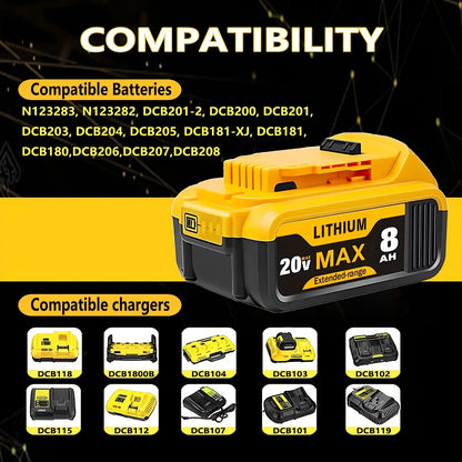 8.0Ah 20V Lithium-Ion Replacement Battery Compatible with DeWalt DCB200 DCB205 DCB206 – High Capacity 20V MAX Battery for DCD DCF DCG DCS Drills Saws Grinders, 1-Pack 2-Pack 4-Pack 6-Pack