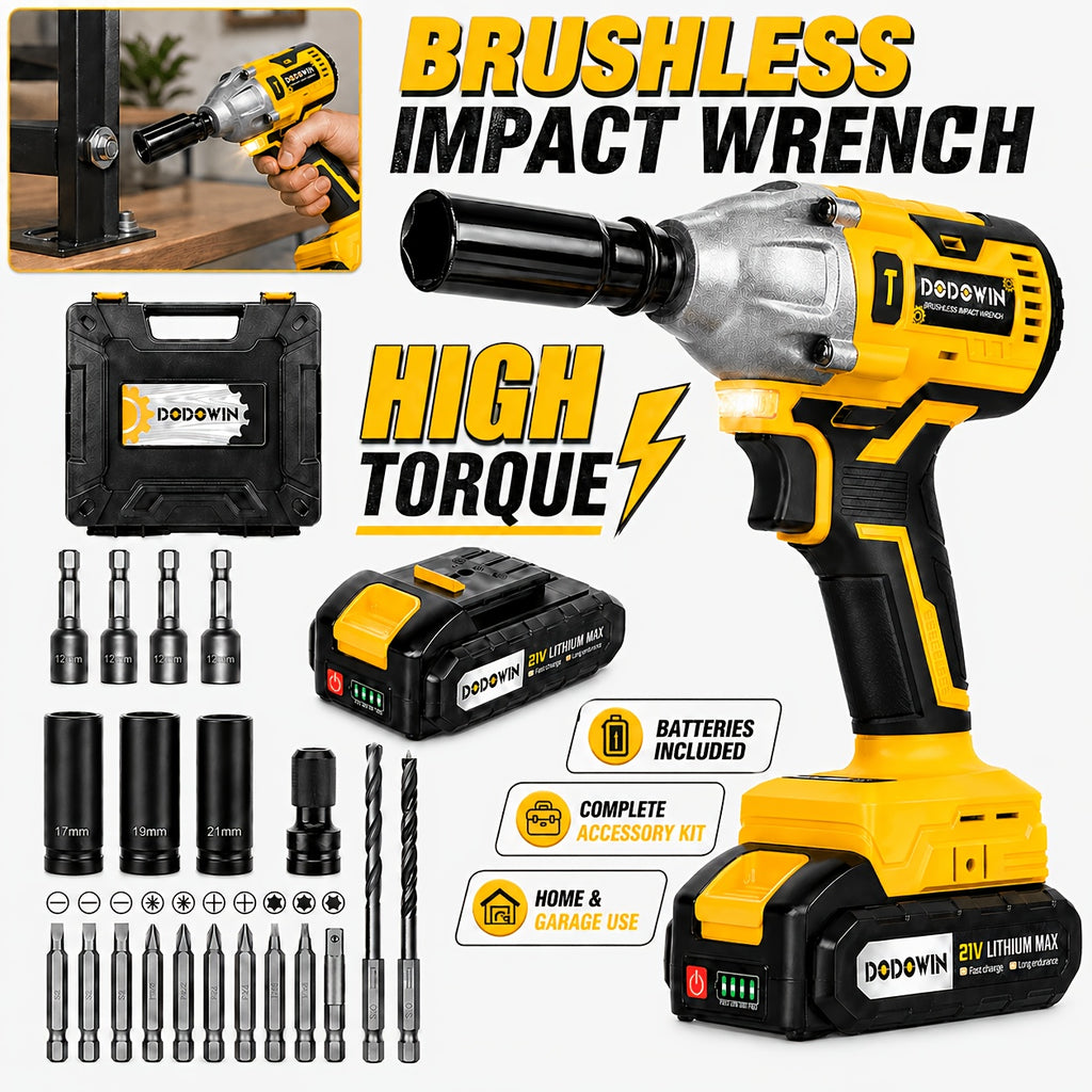 21V Wireless Electric Impact Wrench, Equipped with 1/2 Lithium Batteries, Charger, Toolbox, Sockets And Complete Accessories, High Torque Power Tool Set for Car Repair, Home Maintenance, Garage Work, Gift for Men & Fathers