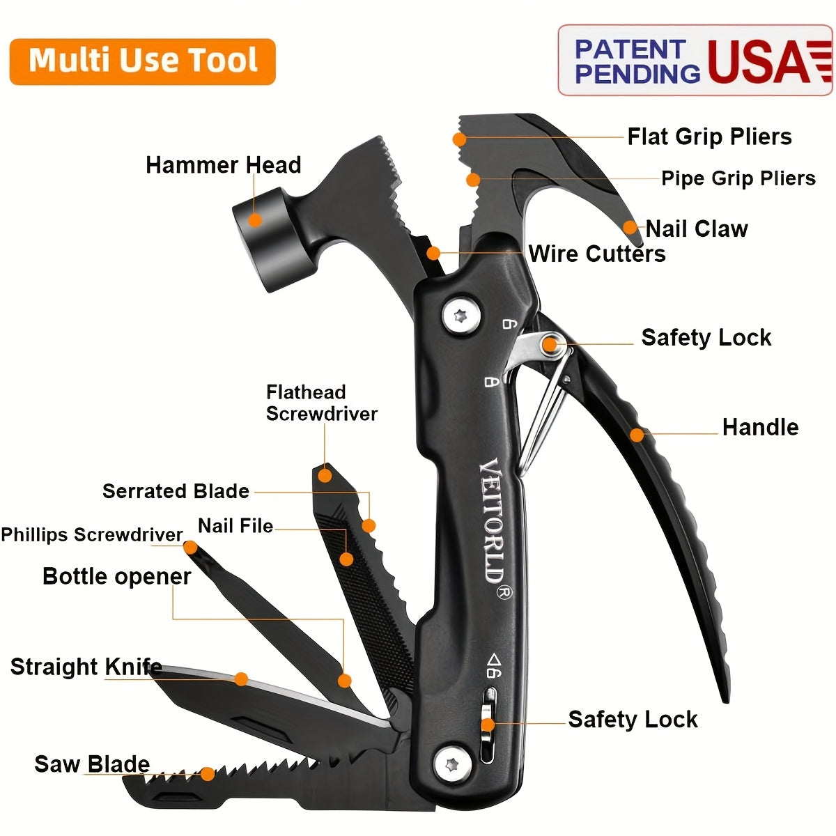 12-in-1 Survival Hammer Multitool – Hammer, Pliers, Screwdrivers & Bottle Opener, Compact Camping Hiking Emergency Tool, Gift for Dad & Men Canada