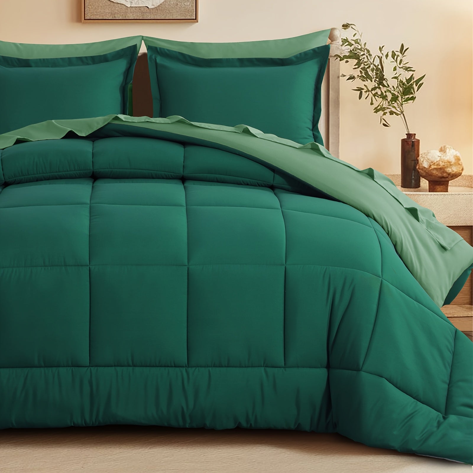 7pcs Reversible Bedding Set Soft Microfiber – Lightweight Breathable Comforter Flat Sheet Fitted Sheet & Pillowcases, All-Season Family Bedding Gift Set