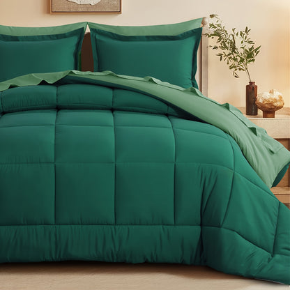 7pcs Reversible Bedding Set Soft Microfiber – Lightweight Breathable Comforter Flat Sheet Fitted Sheet & Pillowcases, All-Season Family Bedding Gift Set