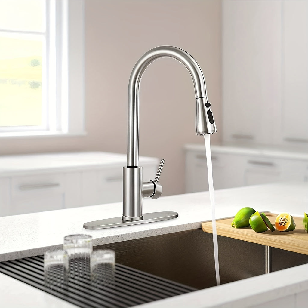 Single Handle High Arc Brushed Nickel/Chrome Pull Out Kitchen Faucet, Stainless Steel Kitchen Sink Faucet with Pull Down Sprinkler Kitchen Faucet for Farmhouse Camper Laundry Rv Bar