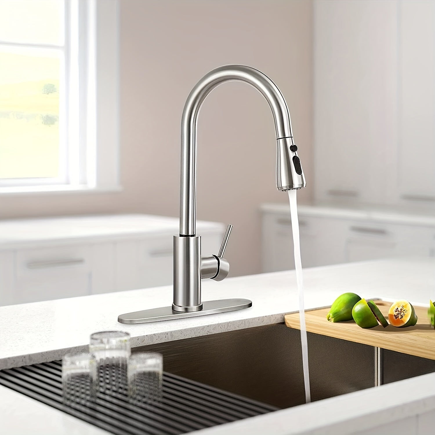 Single Handle High Arc Brushed Nickel/Chrome Pull Out Kitchen Faucet, Stainless Steel Kitchen Sink Faucet with Pull Down Sprinkler Kitchen Faucet for Farmhouse Camper Laundry Rv Bar
