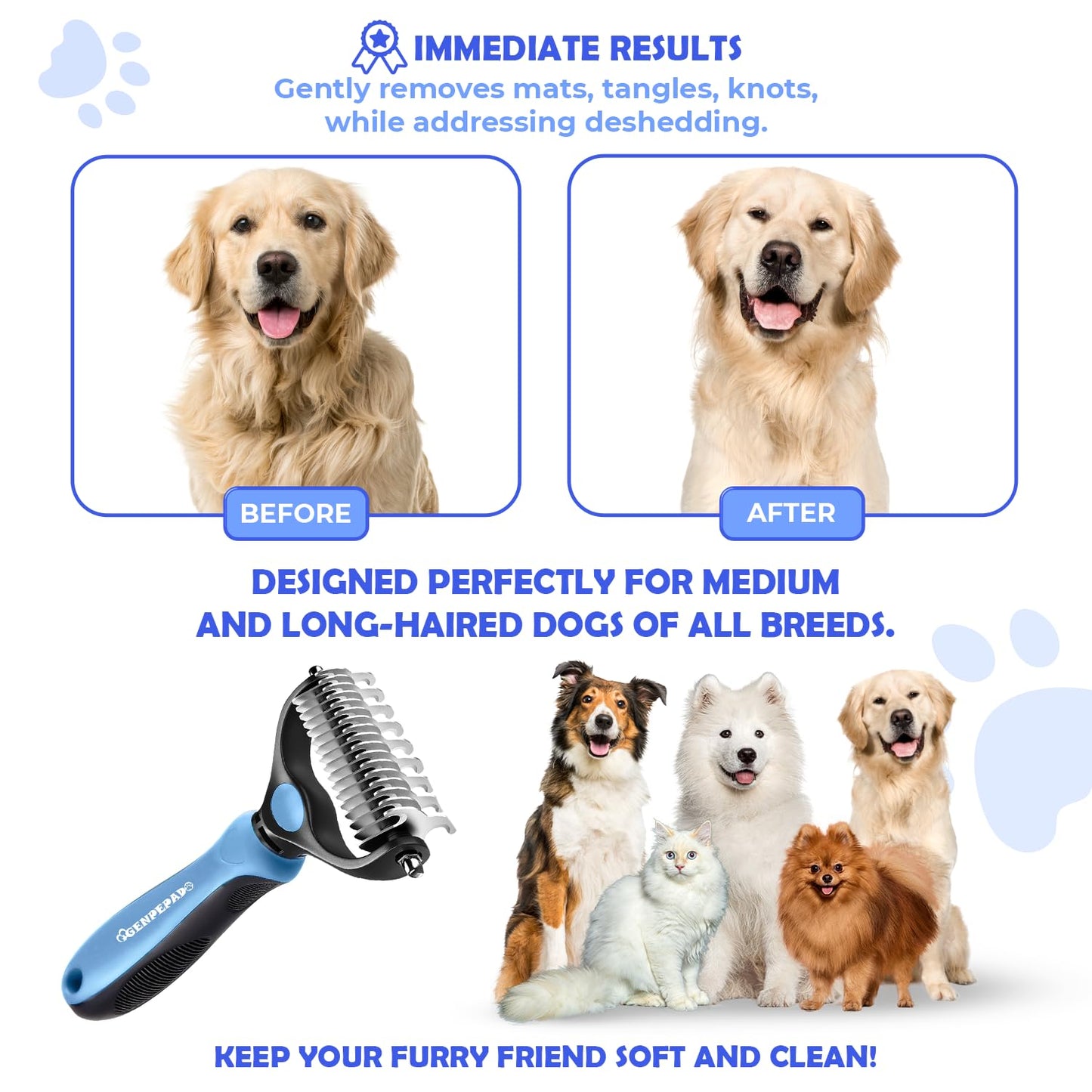 Double-Sided Pet Dematting Comb for Cats & Dogs – Wide Stainless Steel Teeth for Detangling, Deshedding & Thinning Fur, Removes Hairballs & Knots