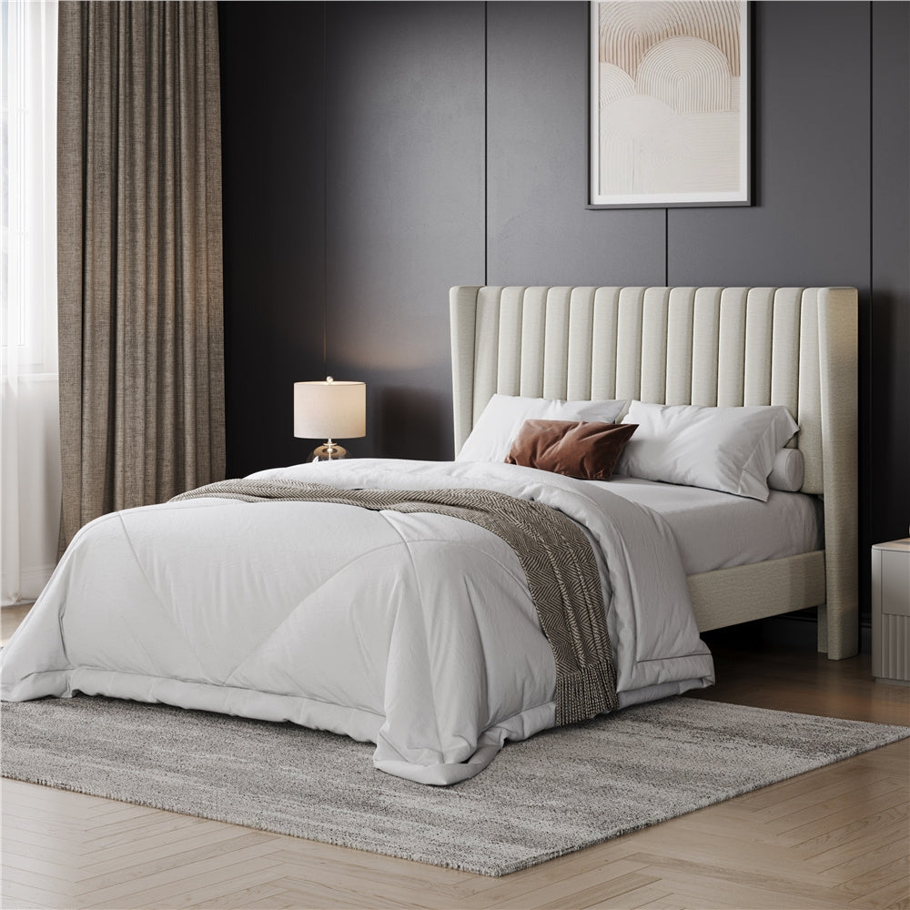 ALDEN DESIGN Bed Frame, Upholstered Bed Frame with Wing Side, Fabric Upholstered Bed with Headboard, Platform Bed Frame with Channel Tufted Headboard, Mattress Foundation with Wood Slat Support, No Box Spring Needed,King/Queen/Full, Ivory/Dark Gray/Black/