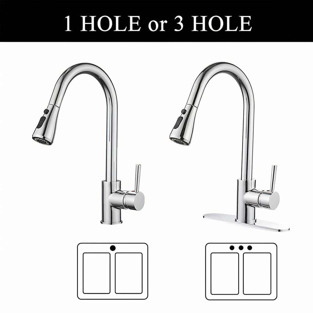One Kitchen Faucet Featuring a Pull-Down Spray, Single Handle, And High Arc Design Made of Commercial-Grade Stainless Steel with a Brushed Nickel Finish. It Includes a Deck Plate And Is Ideal for Use in Bars, Laundry Rooms, Rvs