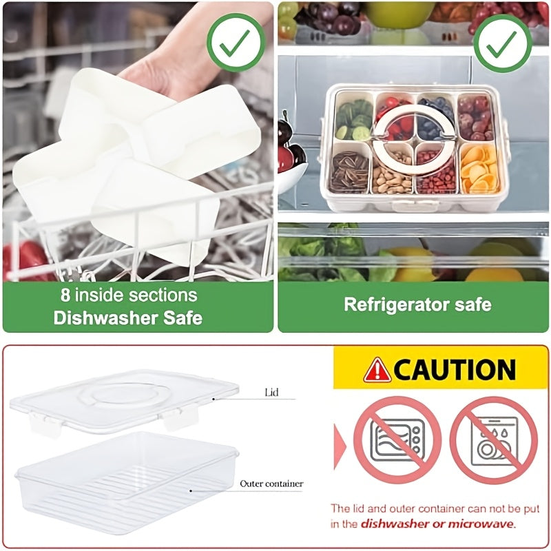 1/2 Pack 8-Compartment Snackle Box with Lid & Handle, Clear Divided Serving Tray and Portable Snack Container for Fruit, Veggies, Cheese,, & Charcuterie, Ideal for Travel, Picnic, Camping & Parties