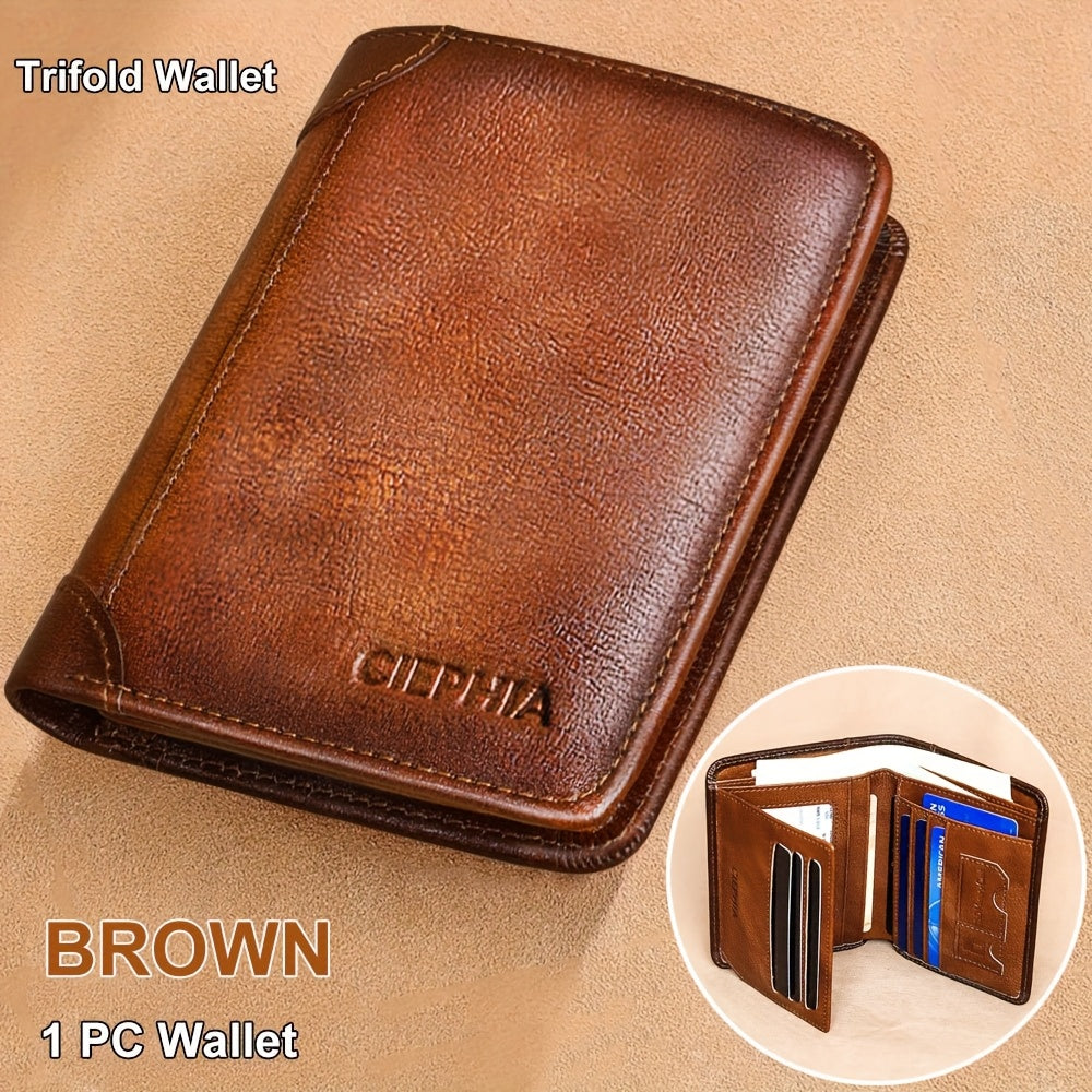 RFID Blocking Genuine Leather Wallet for Men – Trifold & Bifold Cowhide Vintage Wallet with 9 Card Slots, 2 ID Windows & Money Clip | Anti-Theft Gift for Him | ShopVora CA