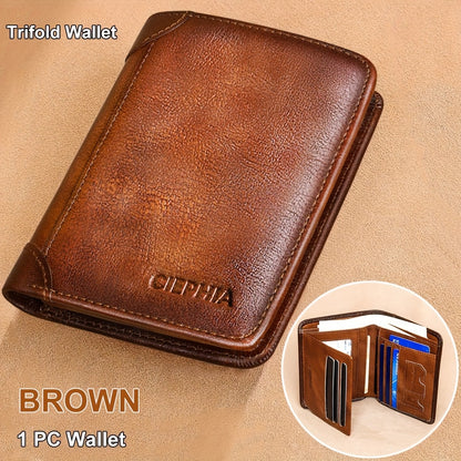 RFID Blocking Genuine Leather Wallet for Men – Trifold & Bifold Cowhide Vintage Wallet with 9 Card Slots, 2 ID Windows & Money Clip | Anti-Theft Gift for Him | ShopVora CA